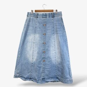 Denim Midi Skirt Pull On Button Front Size 16 Indigo Poppy Modest Casual Stretch